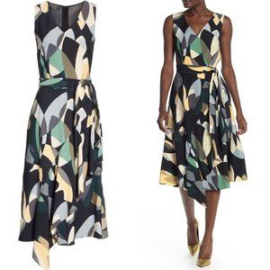 Lafayette 148 Abstract Telson Crepe Tie Belted Ruffle Midi Dress Sleeveless 4